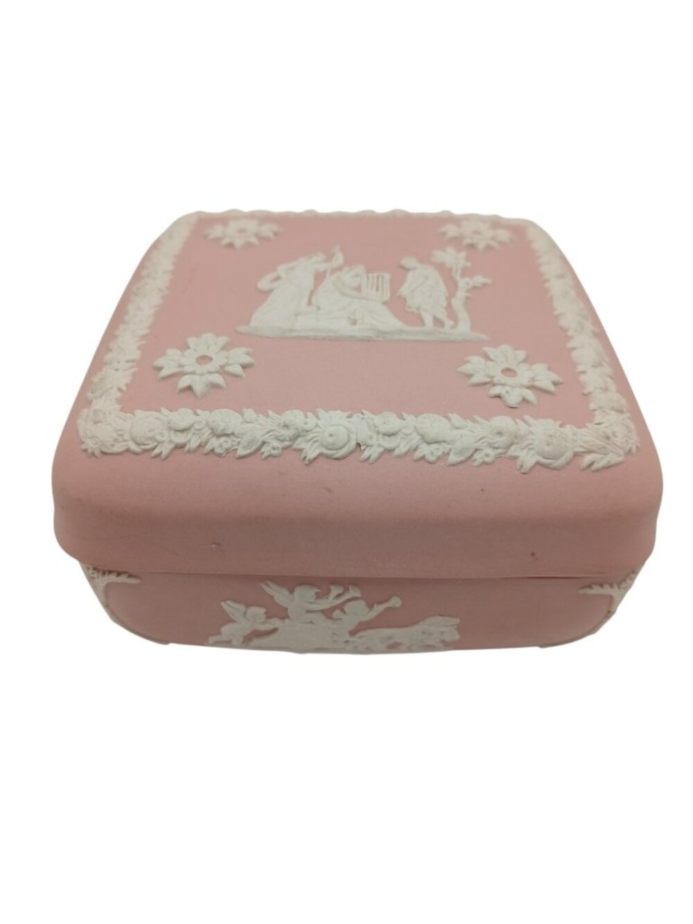Wedgwood Pink Jasperware Trinket Box Cherub Relief 4" Square